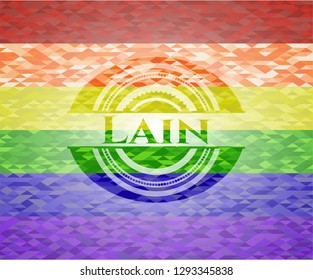 Lain emblem on mosaic background with the colors of the LGBT flag