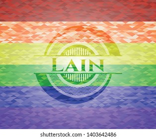 Lain emblem on mosaic background with the colors of the LGBT flag
