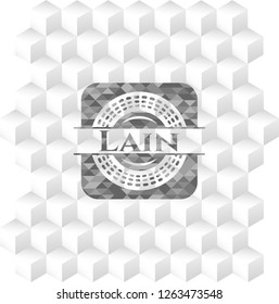 Lain grey badge with geometric cube white background