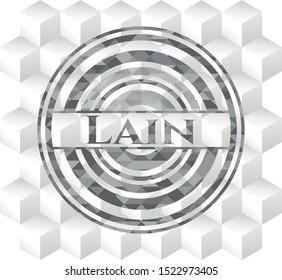 Lain grey emblem. Retro with geometric cube white background