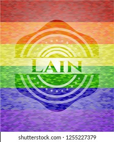 Lain on mosaic background with the colors of the LGBT flag