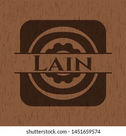 Lain realistic wooden emblem. Vector Illustration.