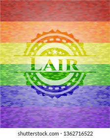 Lair emblem on mosaic background with the colors of the LGBT flag