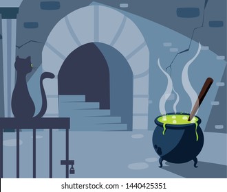 lair scene with black cat and cauldron