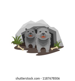 Lair of wolves, small cubs in stone cave vector Illustration on a white background