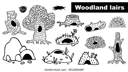 Se ponen lirios de animales del bosque. Hogares de vida silvestre. Hollow en viejos troncos de árbol. Arde en el suelo. El refugio de hojas caídas. Un doodle negro en la colina. Agujero Н y dibujado en trozo de árbol. Ilustración del contorno del vector. 