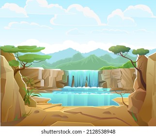 Lake in Africa. An oasis in the desert. Landscape with waterfall among rocks. Cascade shimmers downward. Water flowing. Blue misty mountains in distance. Cool cartoon style. Vector.