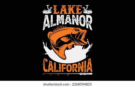 Lake almanor California - Hand-drawn lettering phrase, SVG t-shirt design. Ocean animal with spots and curved tail blue badge, Vector files EPS 10.