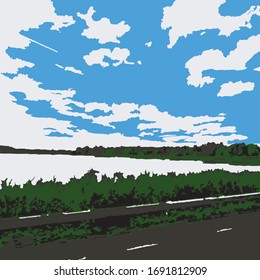 lake along the road in summer vector
