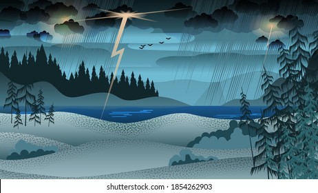 lake, among fields and hills with coniferous trees and bushes against the background of a forest, mountains, a stormy sky with clouds, rain, lightning, silhouettes of flying birds. autumn landscape.