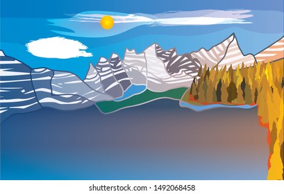 Lake among the mountains on a bright sunny day. In color