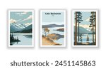 Lake Arrowhead, California, Lake Buchanan, Texas, Lake Clark, Alaska - Vintage travel poster. Vector illustration. High quality prints