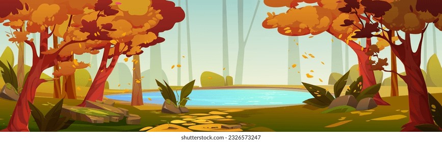 Lake in autumn forest park vector landscape design. Outdoor fall scenery nature image for cartoon game environment illustration. Beautiful wilderness woods with pond coast with falling leaves.