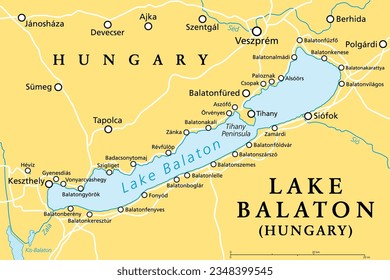 Lago Balaton, mapa político. Laguna de agua dulce en la región transdanubiana de Hungría en Europa. Región turística con muchos pueblos de vacaciones. Los más populares son Siofok, Keszthely, Balatonfured y Zamardi.