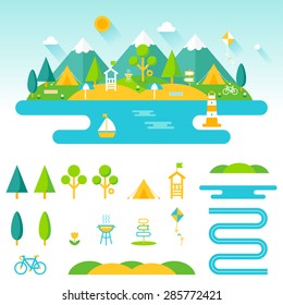 Lake, beach, woods and mountains summer landscape. Set of outdoor, camping and recreation elements to create custom designs