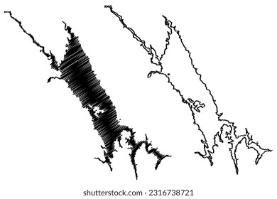 Embalse del lago Berryessa (Estados Unidos de América, América del Norte, ee.uu., estados unidos, California) mapa de ilustración vectorial, dibujo de garrapatas Mapa de la presa de Monticello