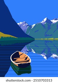 Lake between mountains in Norway. Beautiful mountain landscape with wooden boat, vector graphic.