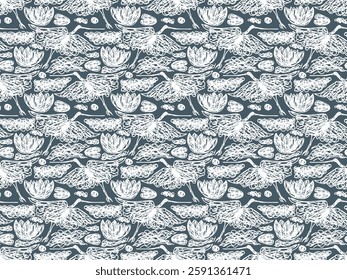 Lake, bird, grus,  lots, water Lilly, pond.  Seamless vector pattern for design and decoration 