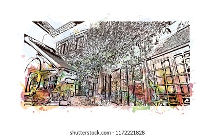 Lake Bled is a lake in the Julian Alps of the Upper Carniolan region of northwestern Slovenia, where it adjoins the town of Bled. Watercolor splash with hand drawn sketch illustration in vector.