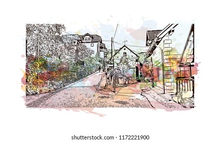 Lake Bled is a lake in the Julian Alps of the Upper Carniolan region of northwestern Slovenia, where it adjoins the town of Bled. Watercolor splash with hand drawn sketch illustration in vector.