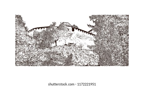 Lake Bled is a lake in the Julian Alps of the Upper Carniolan region of northwestern Slovenia, where it adjoins the town of Bled. Hand drawn sketch illustration in vector.