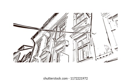 Lake Bled is a lake in the Julian Alps of the Upper Carniolan region of northwestern Slovenia, where it adjoins the town of Bled. Hand drawn sketch illustration in vector.