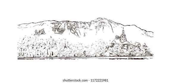 Lake Bled is a lake in the Julian Alps of the Upper Carniolan region of northwestern Slovenia, where it adjoins the town of Bled. Hand drawn sketch illustration in vector.