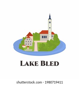 El lago Bled es un lago situado en los Alpes Julianos de la región del Alto Carniolan, al noroeste de Eslovenia. Turista de viaje al Lago Bled Eslovenia Europa. Ilustración vectorial de dibujos animados planos en estilo colorido.