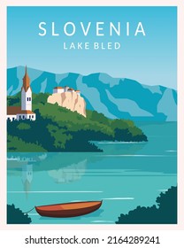 sangrante lago, paisaje eslovenia con castillo y montañas en segundo plano. viajar a Europa. afiche de ilustración vectorial, postal, impresión de arte.