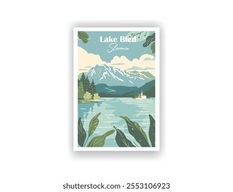 Lake Bled, Eslovenia Carteles de viaje de Antiguas. Ilustración vectorial. Impresiones de alta calidad