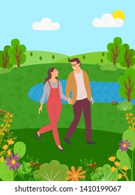 Lake, blooming plants and hills, couple man and woman walks among bushes, firs and pines. People holding hands in forest or rest in park at summertime, vector