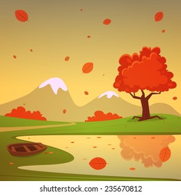 Lake with boat, cartoon autumn landscape.