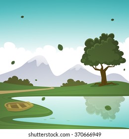 Lake with boat, cartoon summer landscape, vector illustration.