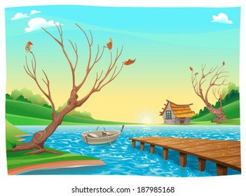 Lago con barco. Dibujo gráfico y vector.