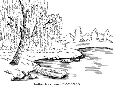 Lake boat graphic black white landscape sketch illustration vector