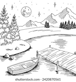 Lake boat graphic black white night mountain landscape sketch illustration vector 