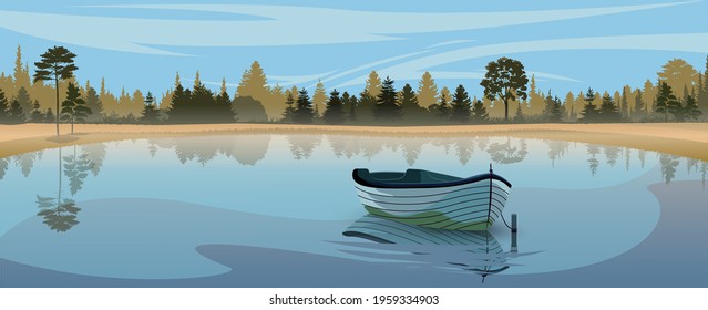 Lake boat in sunrise fog.  Sunrise lake boat view. Lake boat forest scene. Reflection of forest and boats in water. Beauty world.