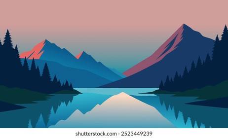 Lago bordeado por majestuosas montañas y exuberantes árboles, que reflejan la belleza de la naturaleza en un entorno tranquilo Ilustración vectorial llana