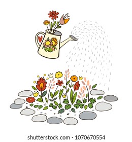 Lake with a bouquet inside, water flows on a flower bed. Vector illustration, design element.
