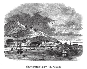 Lake, buildings and mountain at kerch, Ukraine vintage engraving. Old engraved illustration of lake, buildings and mountain at kerch during 18th century.  Trousset encyclopedia (1886 - 1891).
