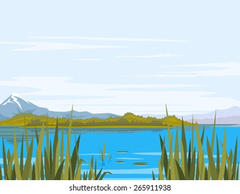 Lake with bulrush plants, cane and lily, big mountains with snow peaks, mountains, forest hills, fishing place, nature landscape