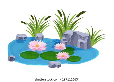 Lake with calm water, lily flowers, bulrush and stones in cartoon style isolated on white background. Outdoor natural pond. . Vector illustration