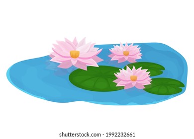 Lake with calm water, lily flowers, bulrush and stones in cartoon style isolated on white background. Outdoor natural pond. . Vector illustration