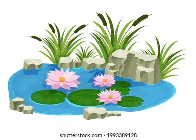 Lago con agua tranquila  flores de lirio  bulrush y piedras al estilo de las caricaturas aisladas en fondo blanco  Laguna natural al aire libre      Ilustración del vector
