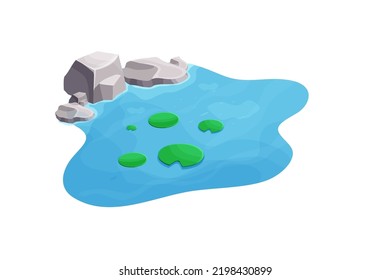 Lago con agua tranquila  lirio y piedras al estilo de las caricaturas aisladas en fondo blanco  Laguna natural al aire libre  Vista isométrica