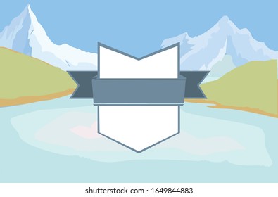 Lake camp badge template. Mounatins and lake background with the badge in the center.  Vector illustration.