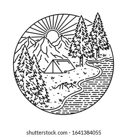 Lake Camp Hike Nature Wild Line Graphic Illustration Vector Art T-shirt Design