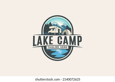 lake camp logo with a combination of natural scenery, water, RV and tent.