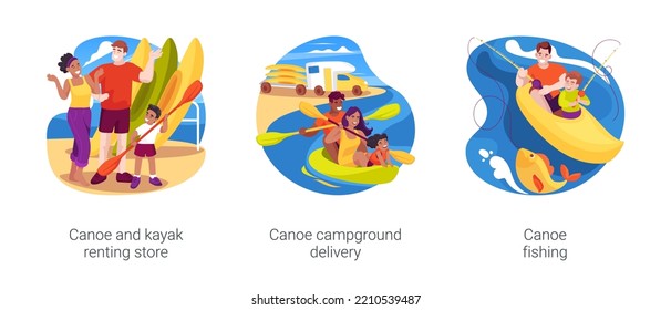 Lake canoeing isolated cartoon vector illustration set. Canoe renting store, kayak rental service, campground delivery, father and son sitting fishing, family summer vacation vector cartoon.