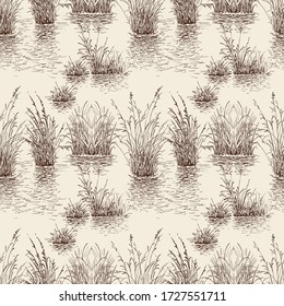 Lake and cattail seamless pattern, hand drawn water and plants